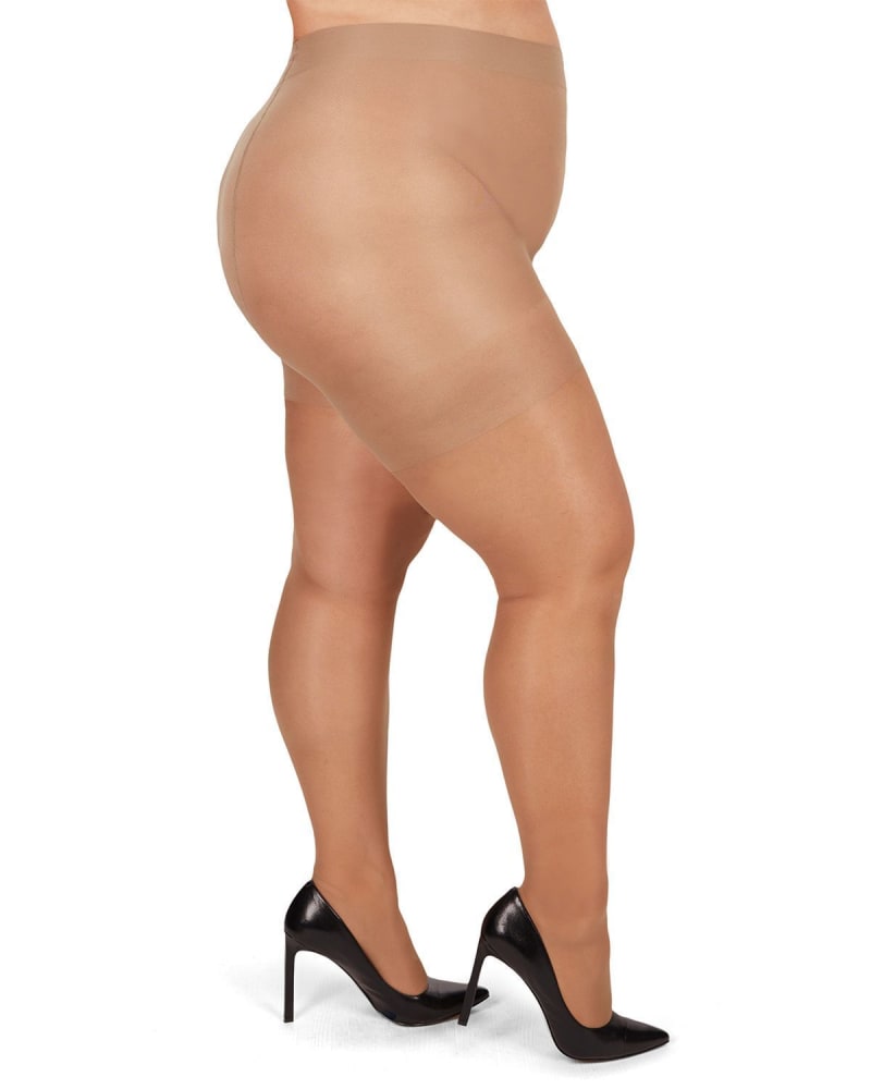 Side of a model wearing a size 7X Energizing Plus Size Curvy Control Top Pantyhose in Honey by Memoi. | dia_product_style_image_id:299744
